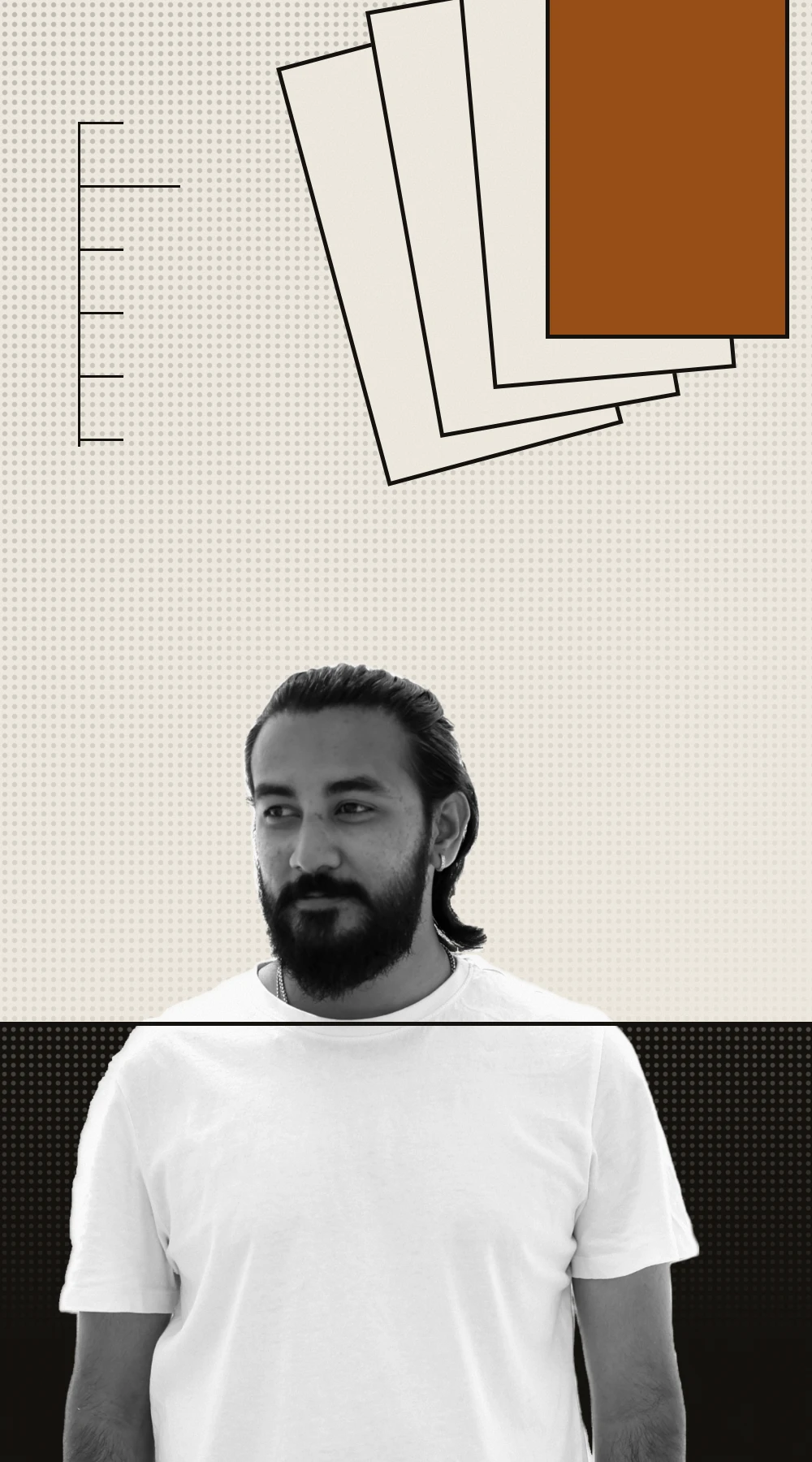 Yuvraj Raskar in black and white, with a drawn stack of dealt pages above him.