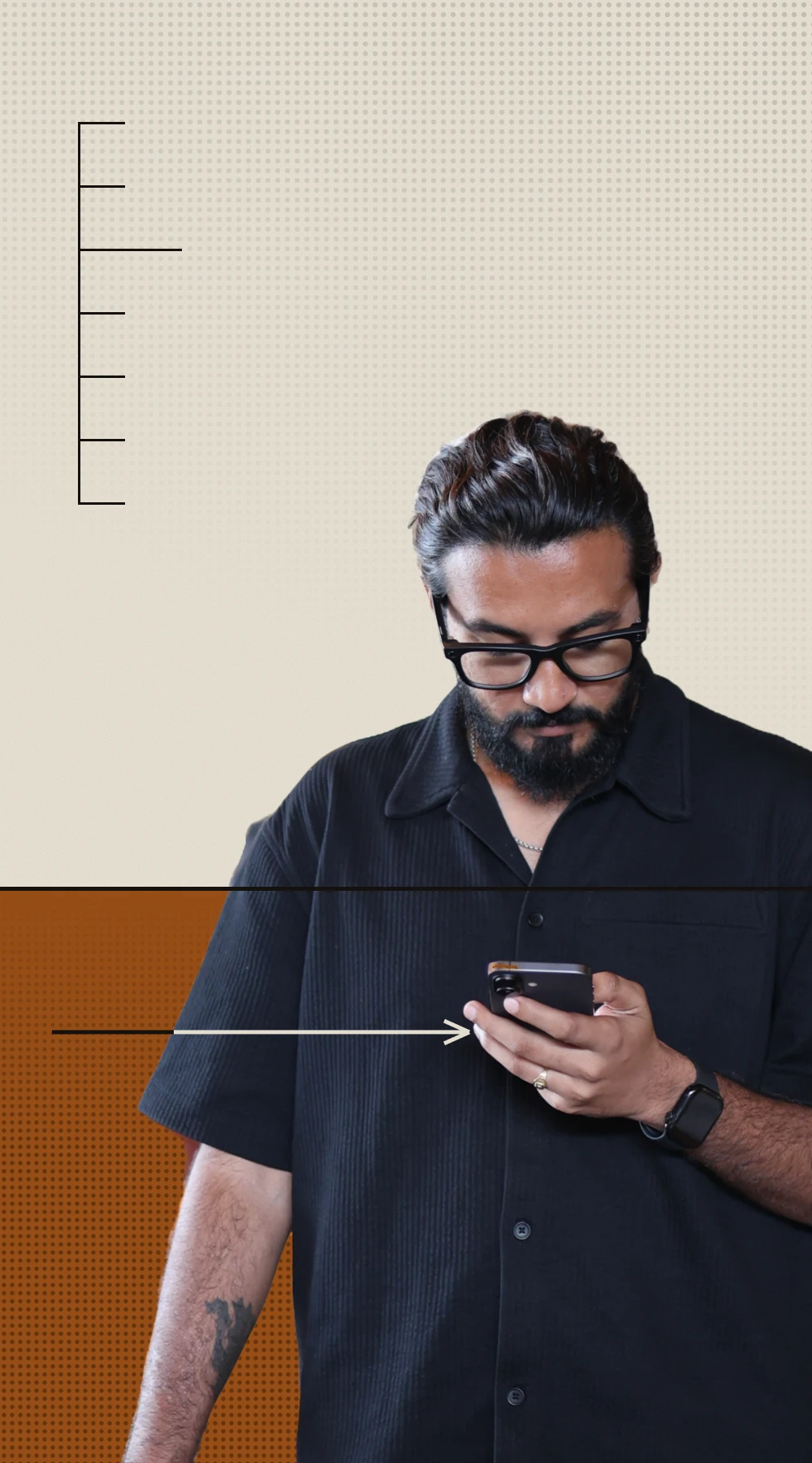 Yuvraj Raskar looking down at his phone, with a drawn arrow pointing at the screen.
