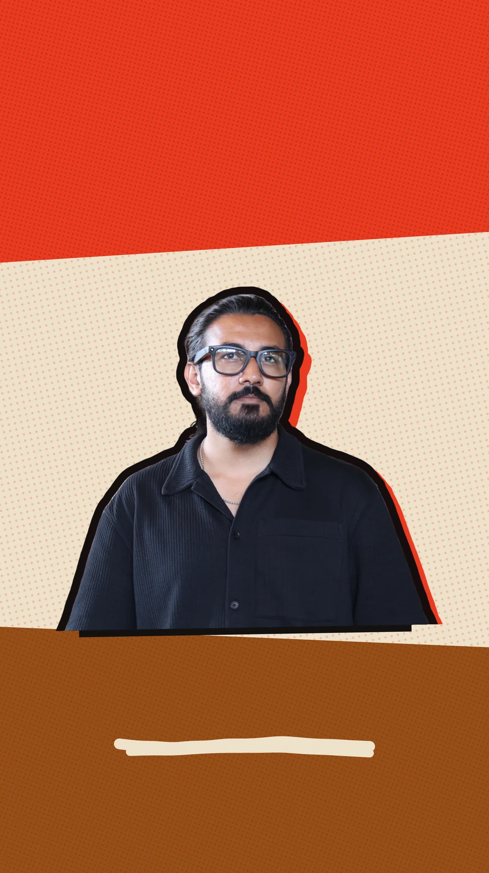 Yuvraj Raskar in glasses against red and brown bands, with a drawn line ruled under him.