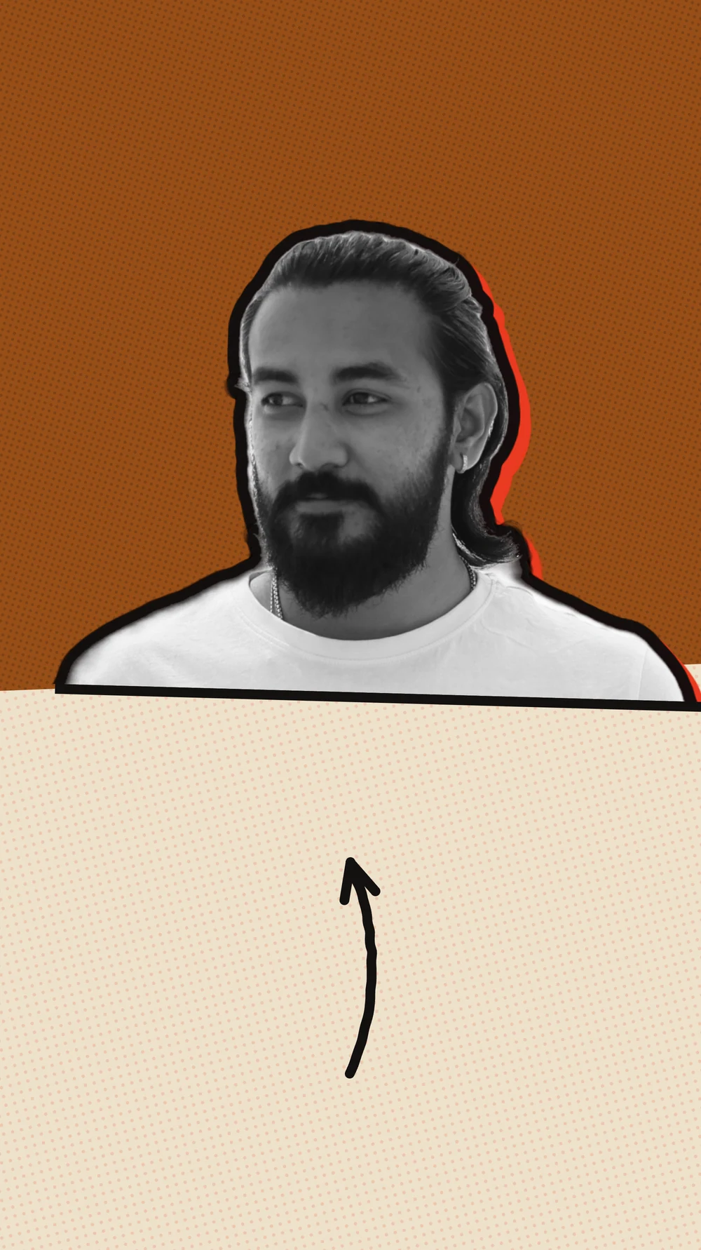 Yuvraj Raskar in black and white on a brown field, with a drawn arrow curving upwards.