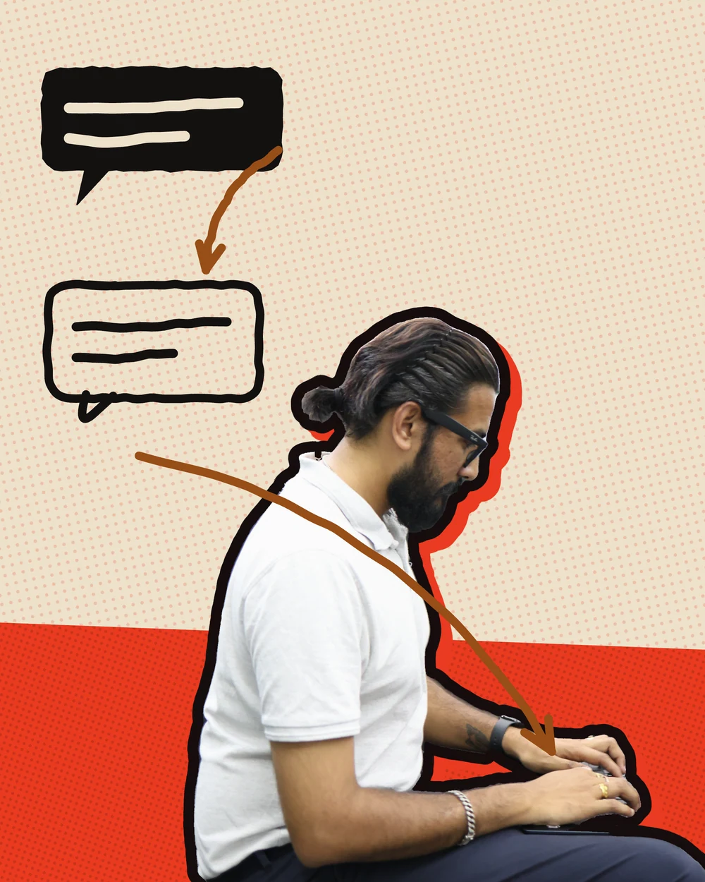 Yuvraj Raskar seated in profile, with two drawn speech bubbles and an arrow pointing to him.