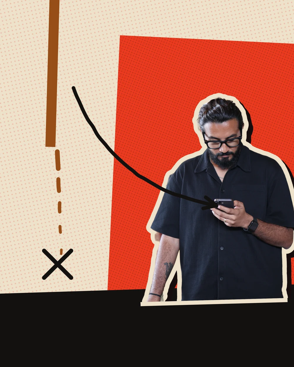 Yuvraj Raskar looking down at his phone, with a long drawn curve falling away beside him.