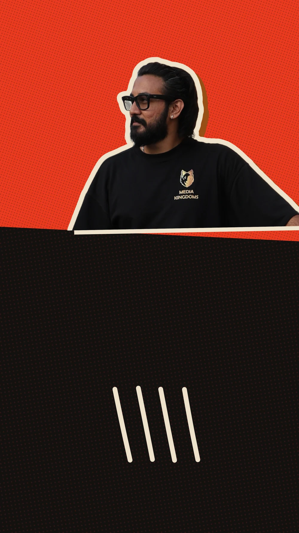 Yuvraj Raskar in a Media Kingdoms shirt on a red panel, with four drawn tally strokes below.